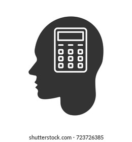 Human head with calculator inside glyph icon. Accountant. Silhouette symbol. Accounting, calculations. Negative space. Vector isolated illustration