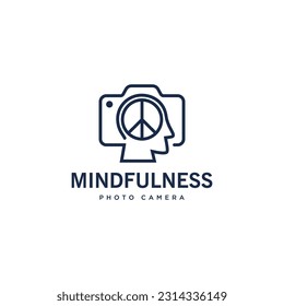 Human head with camera and peace symbol combination logo design illustration. Simple linear icon.