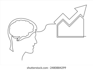 Human head, with chart, diagrams and graphs. Concept of analytical thinking, statistical analyst and analysis, financial analytics. Creative vector illustration for banner.Continuous line drawing