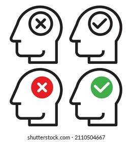 Human head with check and cancel button. yes and no symbol. Concept of accepted and rejected, approved and disapproved people