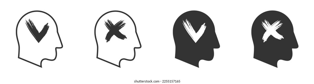 Human head with check mark and cross inside. Vector illustration.
