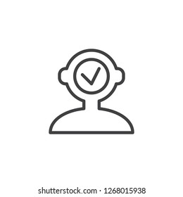 Human head with check mark outline icon. linear style sign for mobile concept and web design. Person with tick sign simple line vector icon. Symbol, logo illustration. Pixel perfect vector graphics