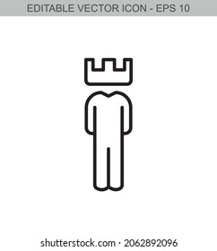 Human head with chess concept. Editable stroke line icon. Vector illustration.