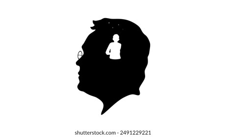 A human head with a child sitting inside, representing the subconscious mind