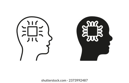 Human Head and Chip Technology Silhouette and Line Icons Set. Innovation Neuroscience AI Concept Pictogram. Artificial Intelligence Black Symbol Collection. Isolated Vector Illustration.