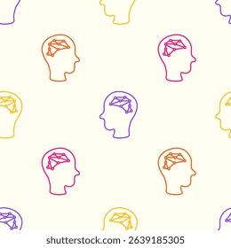 Human Head with Circuit Board Seamless Pattern . Multicolored Line background with intelligence symbols in brain. Doodle style. Futuristic scientific icons. Repeat vector illustration