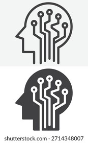 Cabeza humana con el sistema de iconos del estilo del cerebro del circuito diferente. Línea, contorno y signo de Vector sólido, símbolo. Icono de Vector de trazo editable para icono de mente de tecnología.