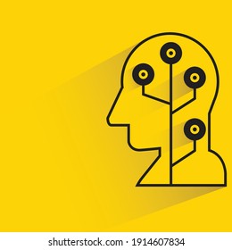 human head and circuit, linking network with drop shadow yellow background