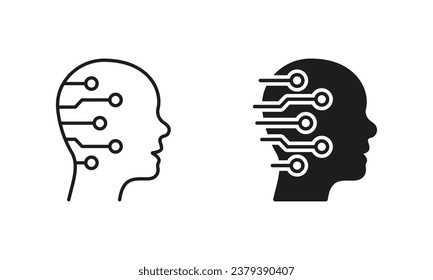 Human Head with Circuit Silhouette and Line Icons Set. Digital Technology and Artificial Intelligence Concept Pictogram. Tech Science Innovation Black Symbol Collection. Isolated Vector Illustration.