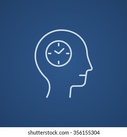 Human head with clock line icon for web, mobile and infographics. Vector light blue icon isolated on blue background.