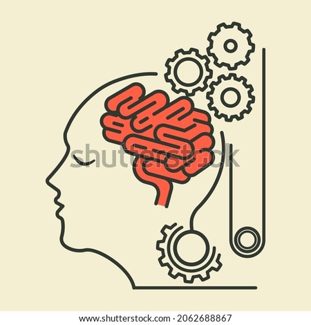 Human head with closed eyes and brain connected with mechanical gears. Brain science, neuroscience concept. Outline flat style illustration. Isolated.  