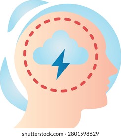 human head with cloud and lightning bolt inside the brain area concept, impaired thinking and focus vector icon design, neurological symptom representation stock illustration