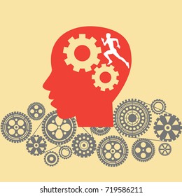 Human head with cogs and gears. Running human brain concept illustration vector. 

