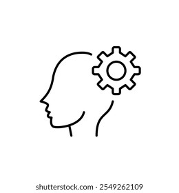 Kopf und Zahnrad. Einblicke in Anbieter für Marketingzwecke. Psychotherapie und Gehirntraining. Pixel perfektes Vektorsymbol