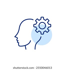Human head and cogwheel. Contributor insight for marketing purposes. Psychotherapy and brain coaching. Pixel perfect, editable stroke icon