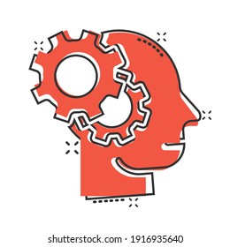 Human head with cogwheel icon in comic style. Technology progress cartoon vector illustration on white isolated background. Face and gear splash effect business concept.