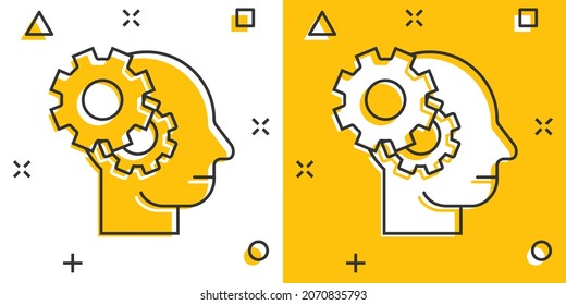 Human head with cogwheel icon in comic style. Technology progress cartoon vector illustration on white isolated background. Face and gear splash effect business concept.