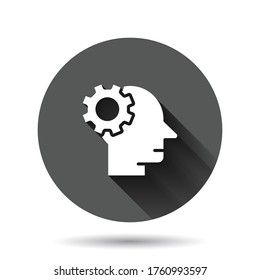 Human head with cogwheel icon in flat style. Technology progress vector illustration on black round background with long shadow effect. Face and gear circle button business concept.