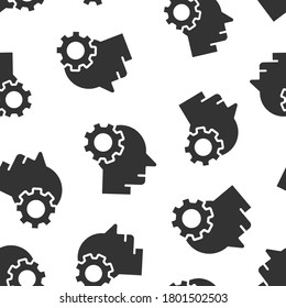 Human head with cogwheel icon in flat style. Technology progress vector illustration on white isolated background. Face and gear seamless pattern business concept.