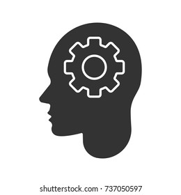 Human head with cogwheel inside glyph icon. Artificial intelligence. Silhouette symbol. Robot. Negative space. Vector isolated illustration
