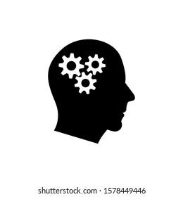Human head with cogwheel inside linear icon. Artificial intelligence. Thin line illustration. Robot. Contour symbol. Vector isolated outline drawing. Editable stroke