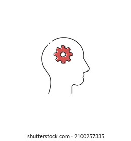 Human head with cogwheel inside linear icon. Artificial intelligence. Thin line illustration. Robot. Contour symbol. Vector isolated outline drawing. Editable stroke