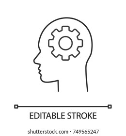 Menschlicher Kopf mit Zahnrad innerhalb eines linearen Symbols. Künstliche Intelligenz. Dünne Illustration. Roboter. Contour-Symbol. Vektor-einzelne Rahmenzeichnung. Bearbeitbarer Hub