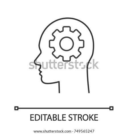 Human head with cogwheel inside linear icon. Artificial intelligence. Thin line illustration. Robot. Contour symbol. Vector isolated outline drawing. Editable stroke