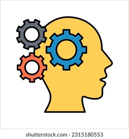 Human head with cogwheels inside linear icon. Artificial intelligence. Technology progress. vector illustration on white background