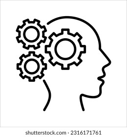 Human head with cogwheels inside linear icon. Artificial intelligence. Technology progress. vector illustration on white background