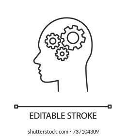 Human head with cogwheels inside linear icon. Artificial intelligence. Technology progress. Thin line illustration. Robot. Contour symbol. Vector isolated outline drawing. Editable stroke