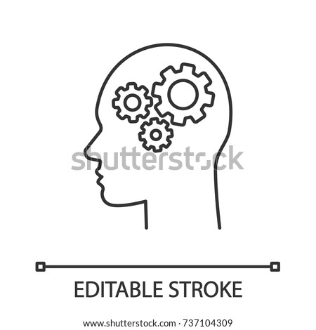Human head with cogwheels inside linear icon. Artificial intelligence. Technology progress. Thin line illustration. Robot. Contour symbol. Vector isolated outline drawing. Editable stroke