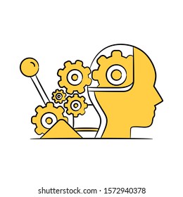 human head with cogwheels and switch yellow hand drawn
