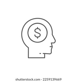 Cabeza humana y moneda, devuelva, icono lineal del dinero. Finanzas, pago, invertir diseño de símbolos financieros.
