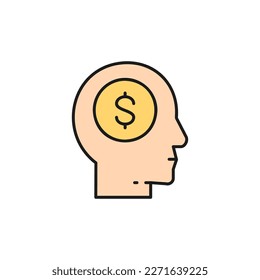 La cabeza y la moneda humanas, devolver, el color del dinero icono lineal. Finanzas, pago, invertir diseño de símbolos financieros.