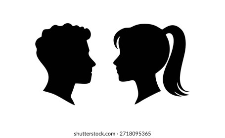 Cabeça humana Coleção de silhuetas pretas, diversos lados masculinos e femininos, diferentes penteados