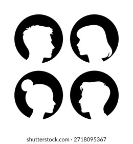 Cabeça humana Coleção de silhuetas pretas, diversos lados masculinos e femininos, diferentes penteados