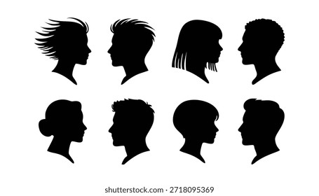 Cabeça humana Coleção de silhuetas pretas, diversos lados masculinos e femininos, diferentes penteados