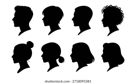 Cabeça humana Coleção de silhuetas pretas, diversos lados masculinos e femininos, diferentes penteados