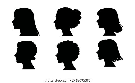 Cabeça humana Coleção de silhuetas pretas, diversos lados masculinos e femininos, diferentes penteados