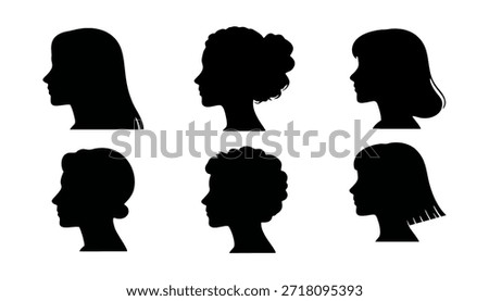 Human head  Collection of black silhouettes, diverse male and female side view faces, different hairstyles