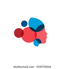 Human Head From Color Circles, Overlay Bubbles Logo Concept. Woman Profile Face Silhouette Logotype Template. Isolated Icon On White Background For Technology, Art, Business , Medicine And Developing.