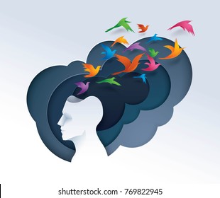 Human Head With Colorful Birds Flying From Head, Freedom And Relax Mind, Creative Ideas, Emotions Or Psychology Concept, Think Outside The Box, Paper Art Vector And Illustration.