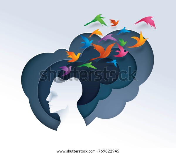 頭上からカラフルな鳥が飛び出す人間の頭 自由とリラックスの心 クリエイティブなアイデア 感情 心理学 のコンセプト 箱の外で考える 紙のアートのベクター画像 イラスト のベクター画像素材 ロイヤリティフリー