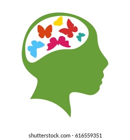 Human head with colorful butterflies inside. Creativity concept