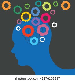 Human head with colorful gears, concept of thinking process and brain functioning.