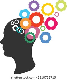 Human head with colorful gears, concept of thinking process and brain functioning.