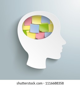 Human head with colorful stickies in the brain on the gray background. Eps 10 vector file.