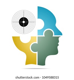 The human head composed of colored puzzle pieces with color target with gray shadow below the head on a white background. Human head composed of geometric elements 