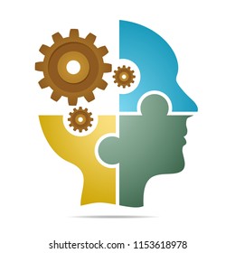 The human head composed of colored puzzle pieces with brown toothed wheels with gray shadow below the head on a white background. Human head composed of geometric elements 